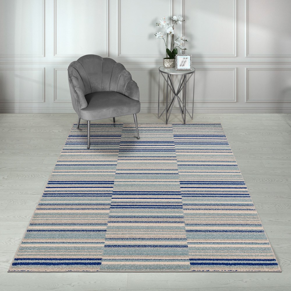 Muse MU05 Geometric Striped Woven Rugs in Blue Multi